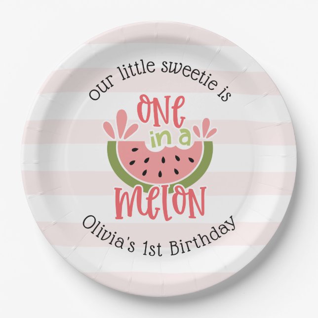 One In A Melon Watermelon First Birthday Paper Plates (Front)