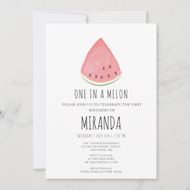 One in a Melon Watermelon First Birthday Party Invitation (Front)
