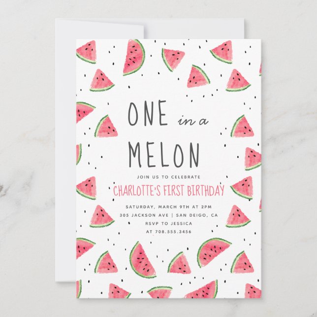 One in a Melon Watermelon First Birthday Party Invitation (Front)