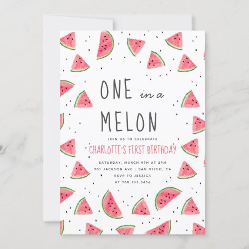 One in a Melon Watermelon First Birthday Party Invitation