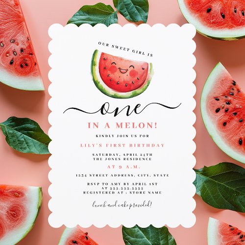 One In A Melon Watermelon First Birthday Party  Invitation
