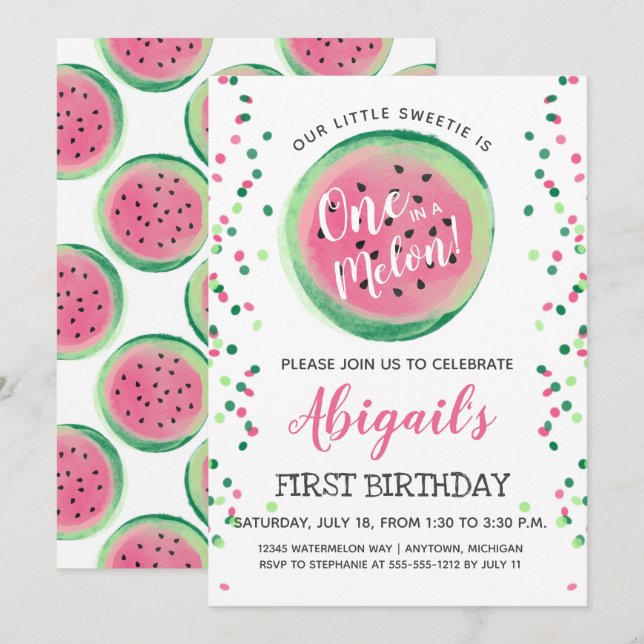 One in a Melon Watermelon First Birthday Party Invitation (Front/Back)