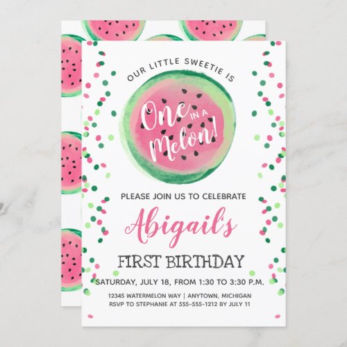 One in a Melon Watermelon First Birthday Party Invitation