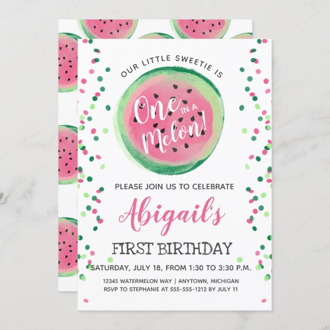 One in a Melon Watermelon First Birthday Party Invitation (Front/Back)