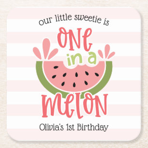 One In A Melon Watermelon First Birthday Square Paper Coaster
