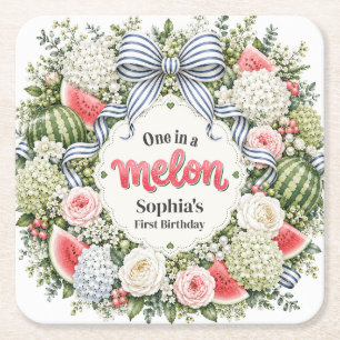 One in a Melon Watermelon Floral First Birthday Square Paper Coaster