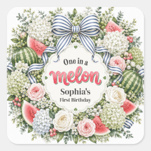 One in a Melon Watermelon Floral First Birthday Square Sticker