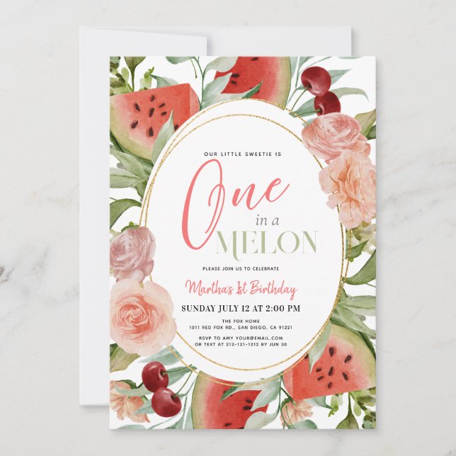 One in a Melon Watermelon Floral Girl 1st Birthday Invitation (Front)