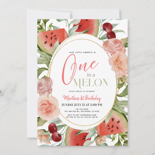 One in a Melon Watermelon Floral Girl 1st Birthday Invitation