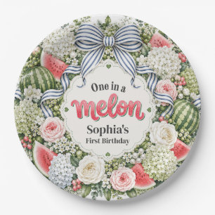 One in a Melon Watermelon Floral Wreath First Birt Paper Plates