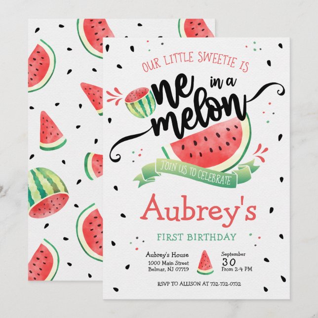 One in a Melon Watermelon Girl First Birthday Invitation (Front/Back)