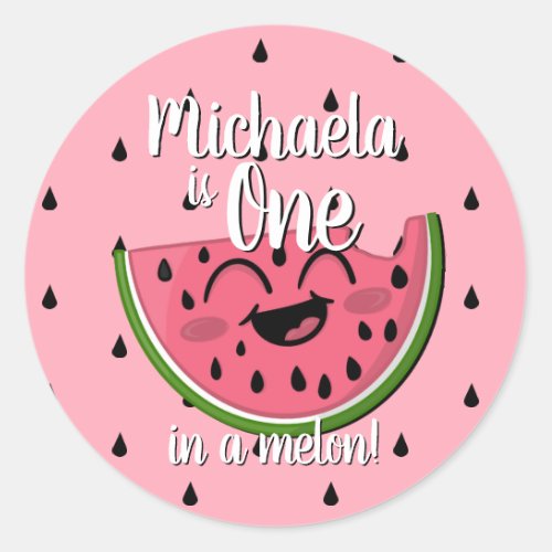 One in a Melon Watermelon Girl First Birthday Pink Classic Round Sticker