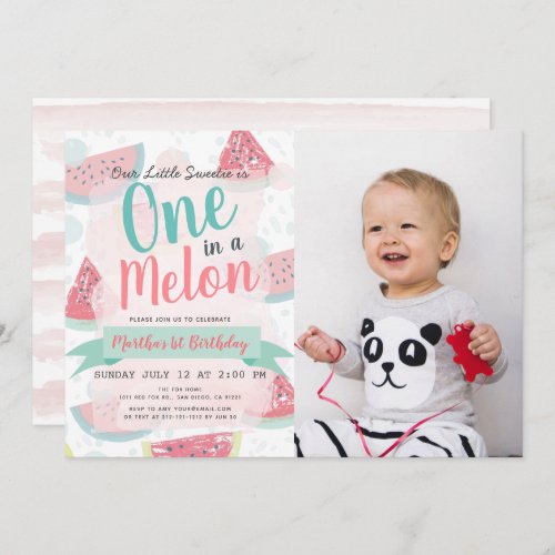 One in a Melon Watermelon Girl Photo 1st Birthday Invitation