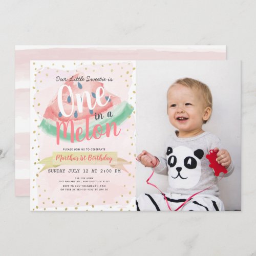 One in a Melon Watermelon Girl Photo 1st Birthday Invitation