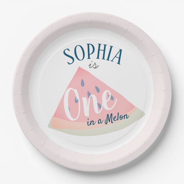 One in a Melon Watermelon Girl Pink Birthday Paper Plates (Front)