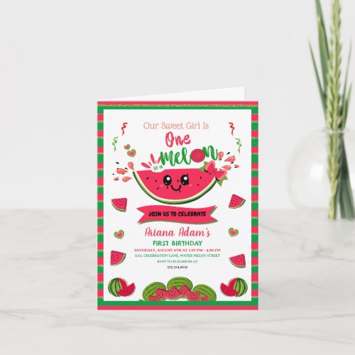  One in a Melon Watermelon Girls First Birthday  Invitation