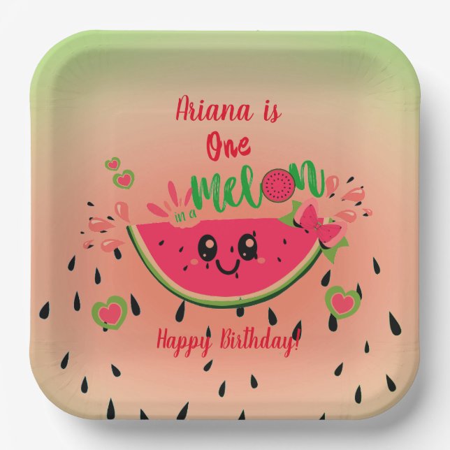 One In a Melon Watermelon Girl's First Birthday  Paper Plates (Front)