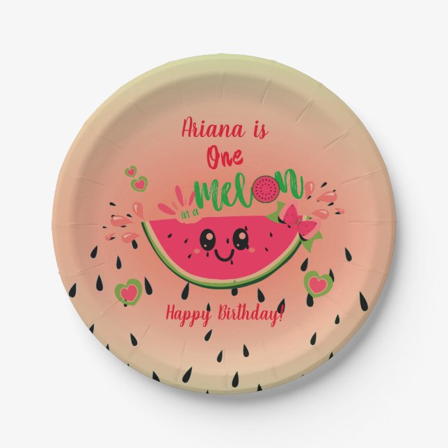 One In a Melon Watermelon Girl's First Birthday  Paper Plates (Front)
