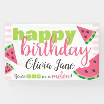 One In A Melon Watermelon Happy Birthday Custom Banner by CyanSkyCelebrations at Zazzle