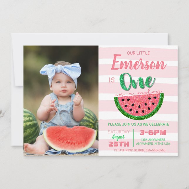 One in a melon, watermelon invitation, picture invitation (Front)