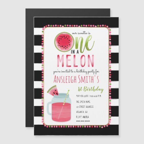 One In A Melon Watermelon Mason Jar First Birthday Magnetic Invitation