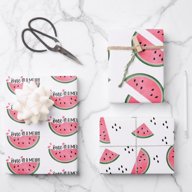 One In A Melon Watermelon Patterns Birthday Wrapping Paper Sheets (Front)