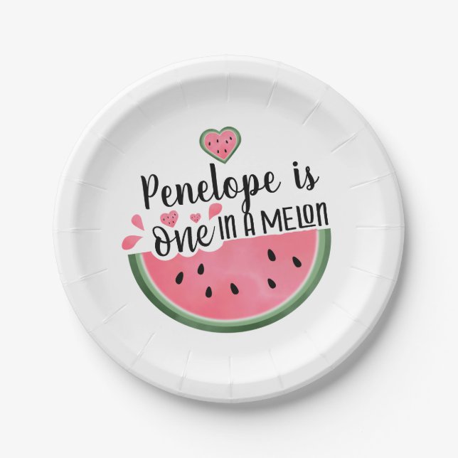 One In A Melon Watermelon Personalized Birthday  Paper Plates (Front)