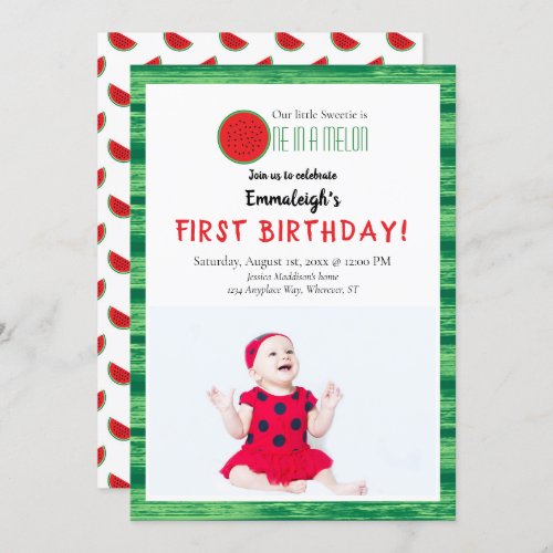 One in a Melon Watermelon Photo First Birthday Invitation