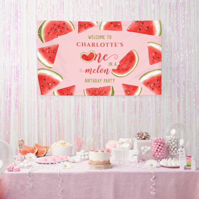 One In A Melon Watermelon Pink Birthday Welcome Banner (Party)