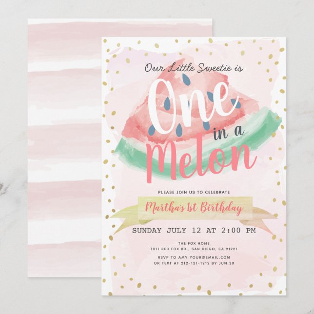 One in a Melon Watermelon Pink Girl 1st Birthday Invitation (Front/Back)