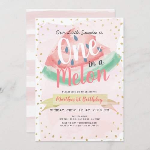 One in a Melon Watermelon Pink Girl 1st Birthday Invitation