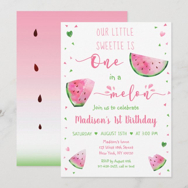 One In A Melon Watermelon Pink Green Birthday Invitation (Front/Back)