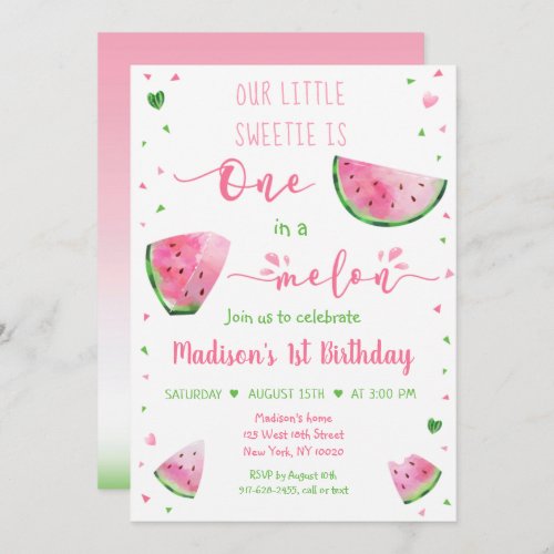 One In A Melon Watermelon Pink Green Birthday Invitation