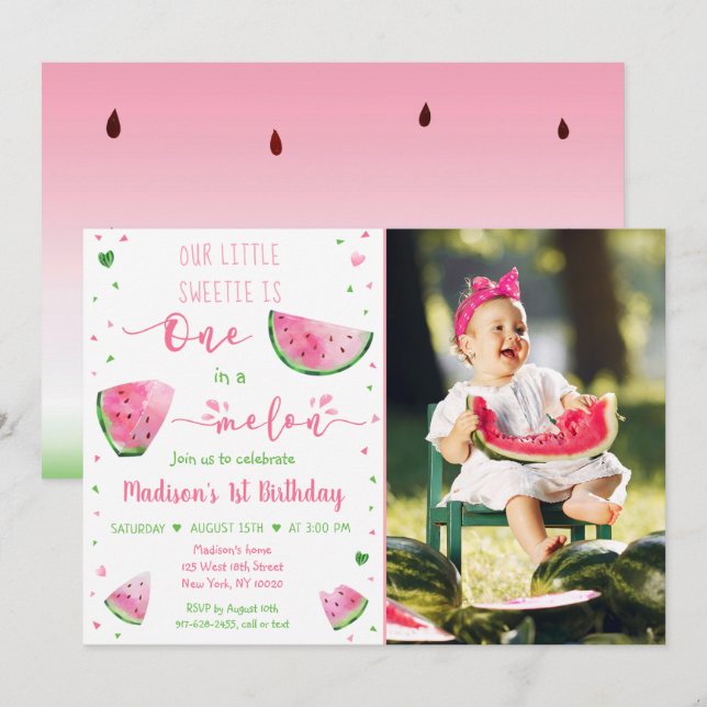 One In A Melon Watermelon Pink Green Birthday Invitation (Front/Back)