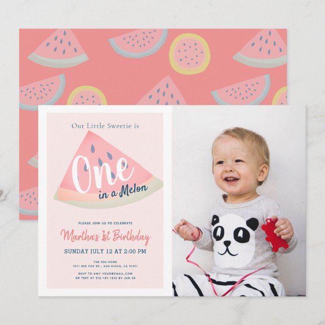 One in a Melon Watermelon Pink Photo 1st Birthday Invitation (Front/Back)