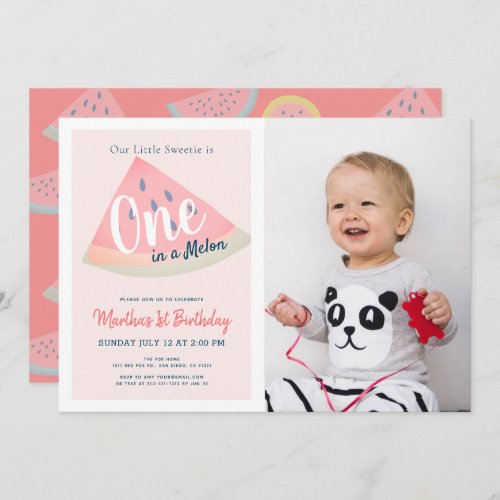 One in a Melon Watermelon Pink Photo 1st Birthday Invitation