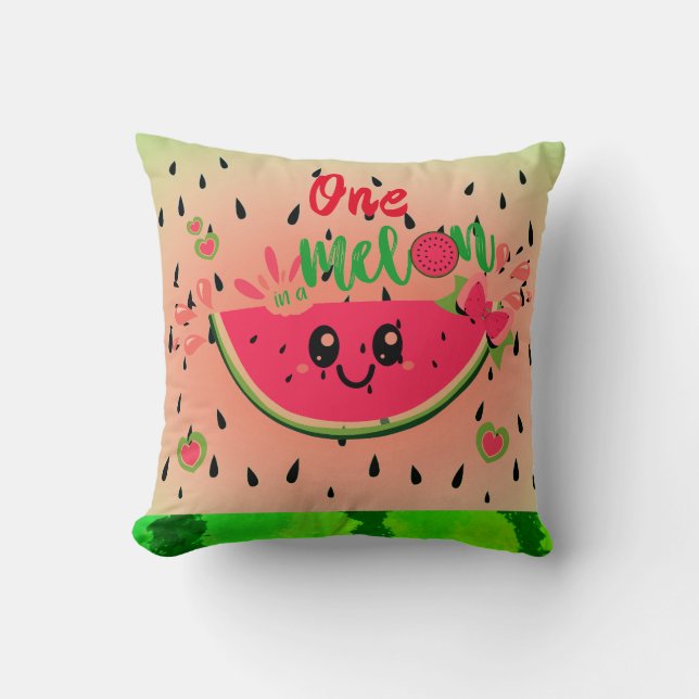 One In A Melon Watermelon Seeds Pastel Green Pink  Throw Pillow (Front)