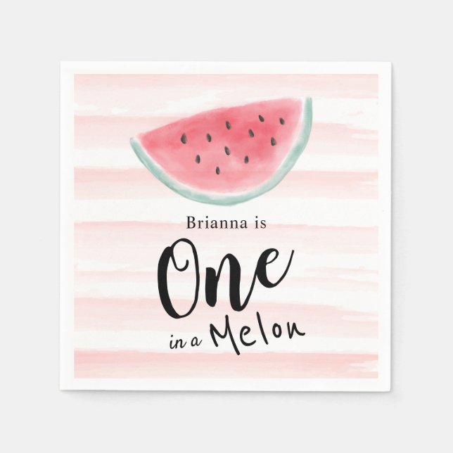 One in a Melon Watermelon Stripe 1st Birthday Napkins (Front)