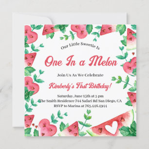 One In A Melon Watermelon Summer 1st Birthday Invitation