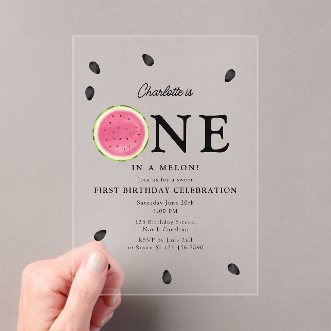 One in a Melon Watermelon Summer Birthday Acrylic Invitations (Insitu (Handheld))