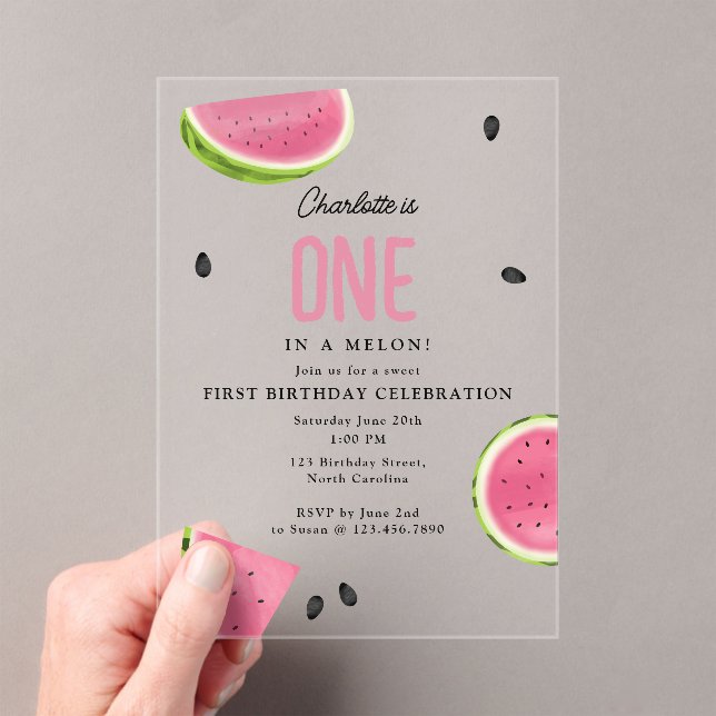 One in a Melon Watermelon Summer Birthday Acrylic Invitations (Insitu (Handheld))