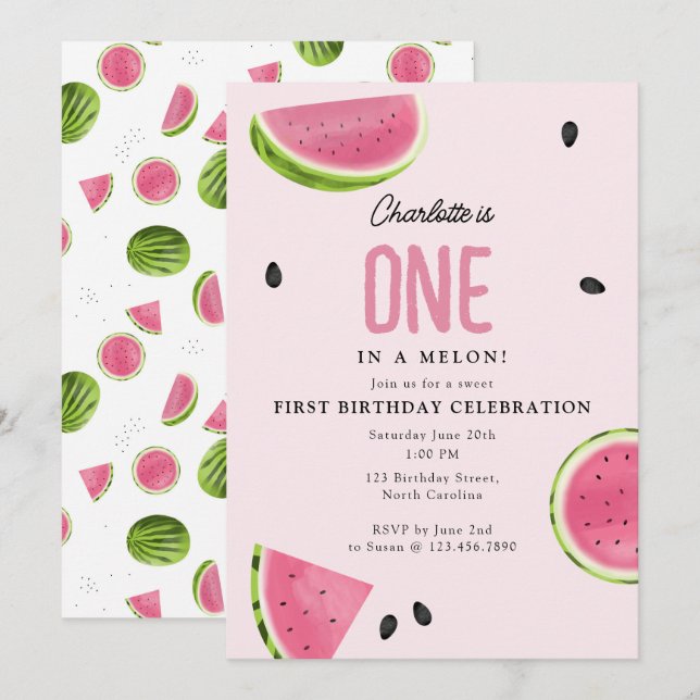 One in a Melon Watermelon Summer Birthday Invitation (Front/Back)