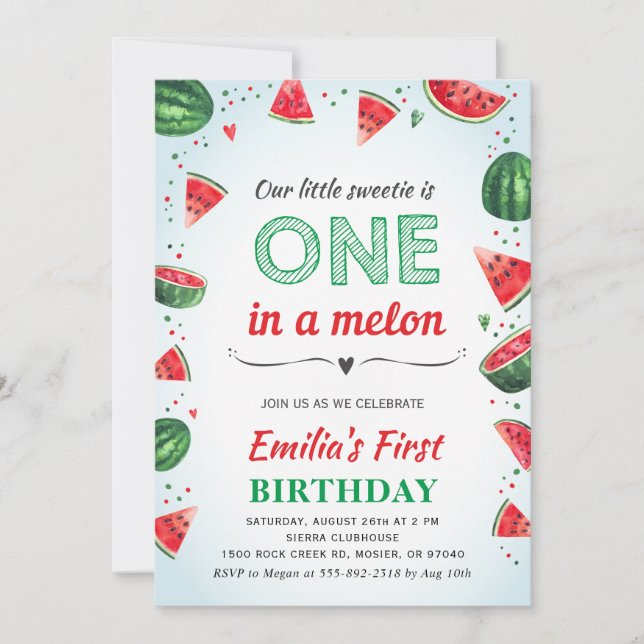 One in a Melon Watermelon Summer Birthday Party Invitation (Front)