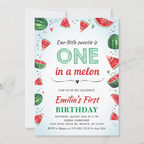 One in a Melon Watermelon Summer Birthday Party Invitation