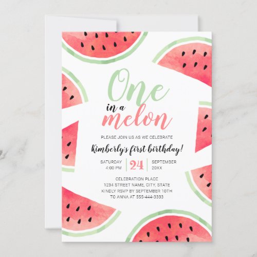 One In A Melon Watermelon Summer First Birthday Invitation