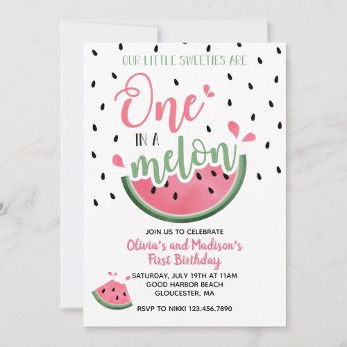 One in a Melon Watermelon Twin First Birthday Invitation