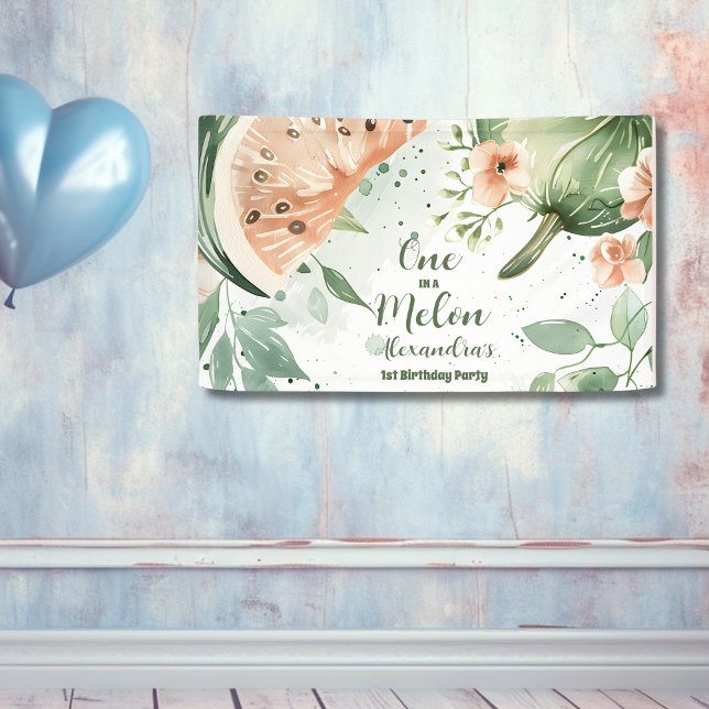 One in a Melon Watermelon Watercolor 1st Birthday Banner (Creator Uploaded)