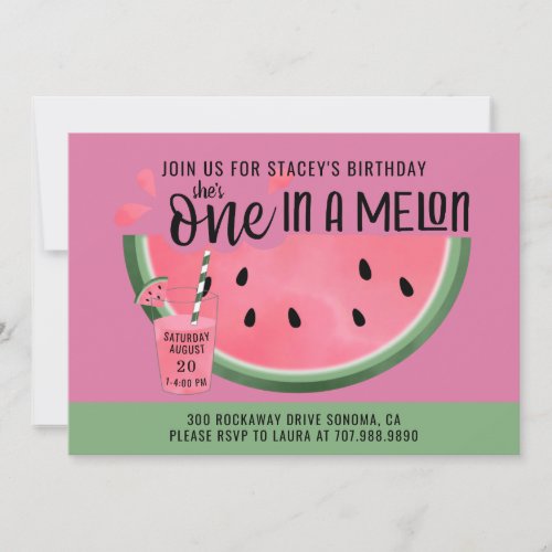 One In A Melon Watermelon Watercolor 1st Birthday  Invitation