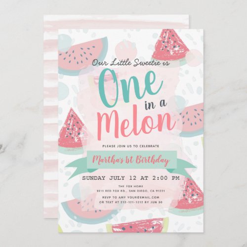 One in a Melon Watermelon Watercolor 1st Birthday Invitation