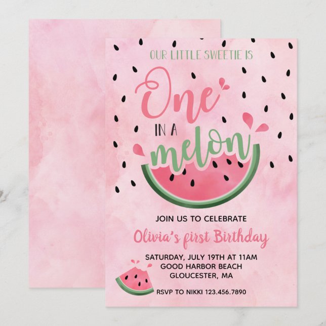 One in a Melon Watermelon watercolor 1st Birthday Invitation (Front/Back)